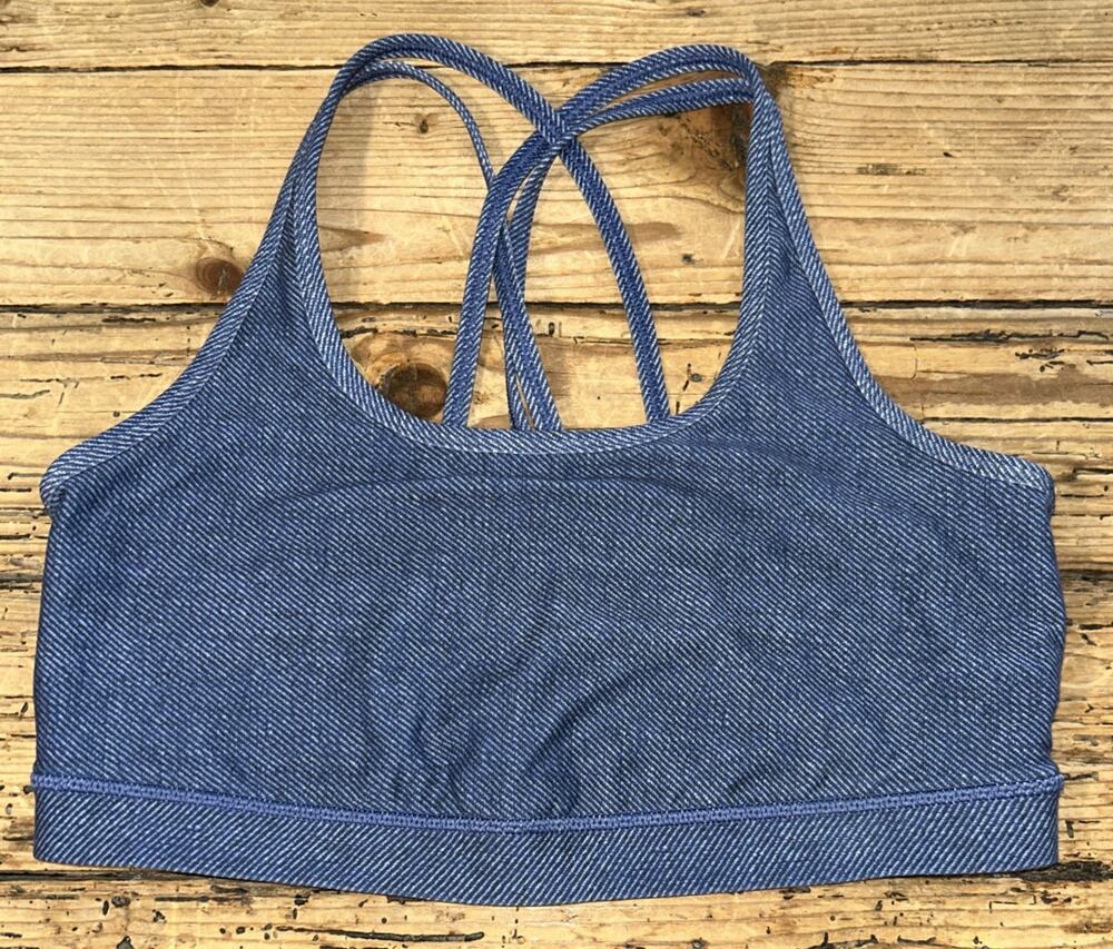 WITH Wear It To Heart Women’s Size L Blue Denim Print Sports Bra